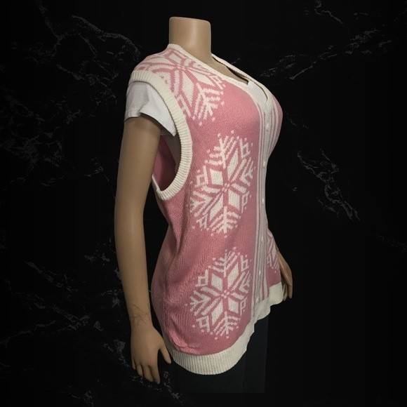 Vintage My Christmas Sweater Pink V Neck Vest Snowflake Print Ivory Size XXL - Picture 9 of 14
